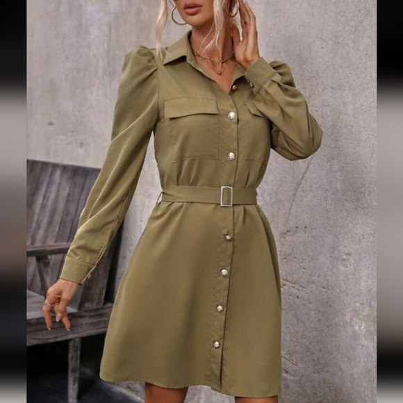 NWT MILITARY UTILITY ARMY GREEN LONG PUFF SLEEVE VINTAGE DRESS SIZE:SMALL- LARGE - Picture 6 of 11